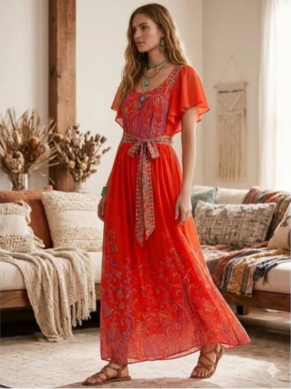 Maeve Anthropologie Orange Paisley Maxi Dress | Boho Tie Waist |